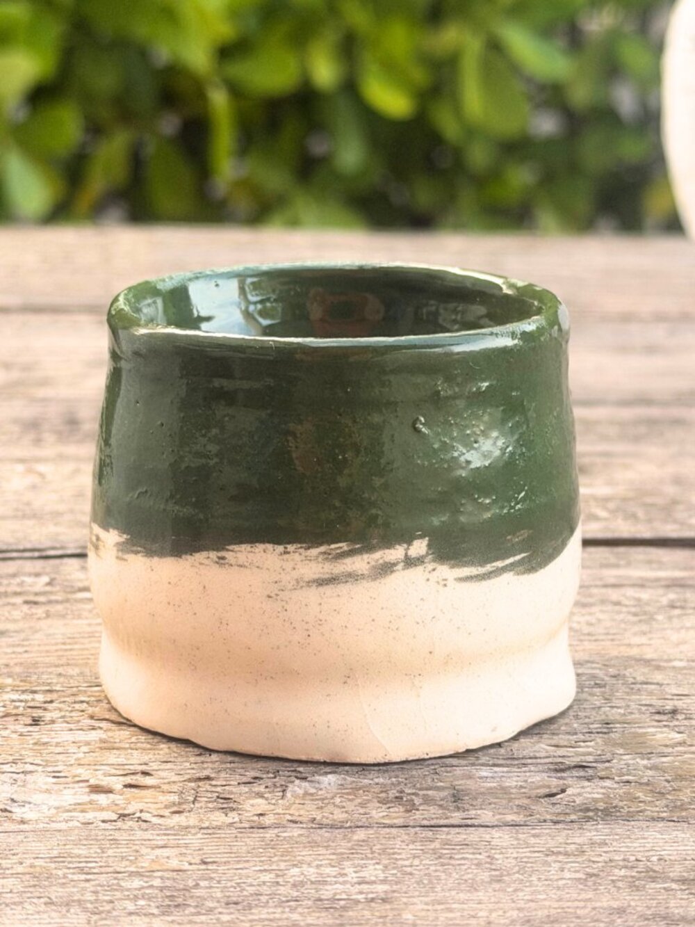 Vintage Studio Art Pottery Stoneware Tea Sake Cup Tumbler Tan Green Marked NAO